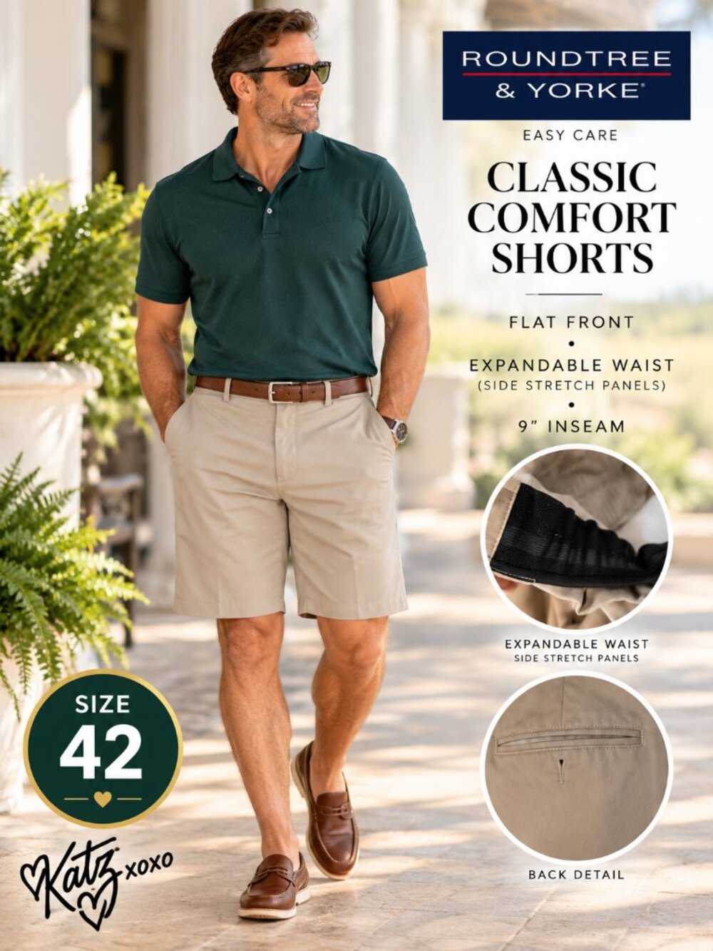 Roundtree & Yorke Men’s 42 Khaki Flat Front Expandable Waist Shorts 9” Chino